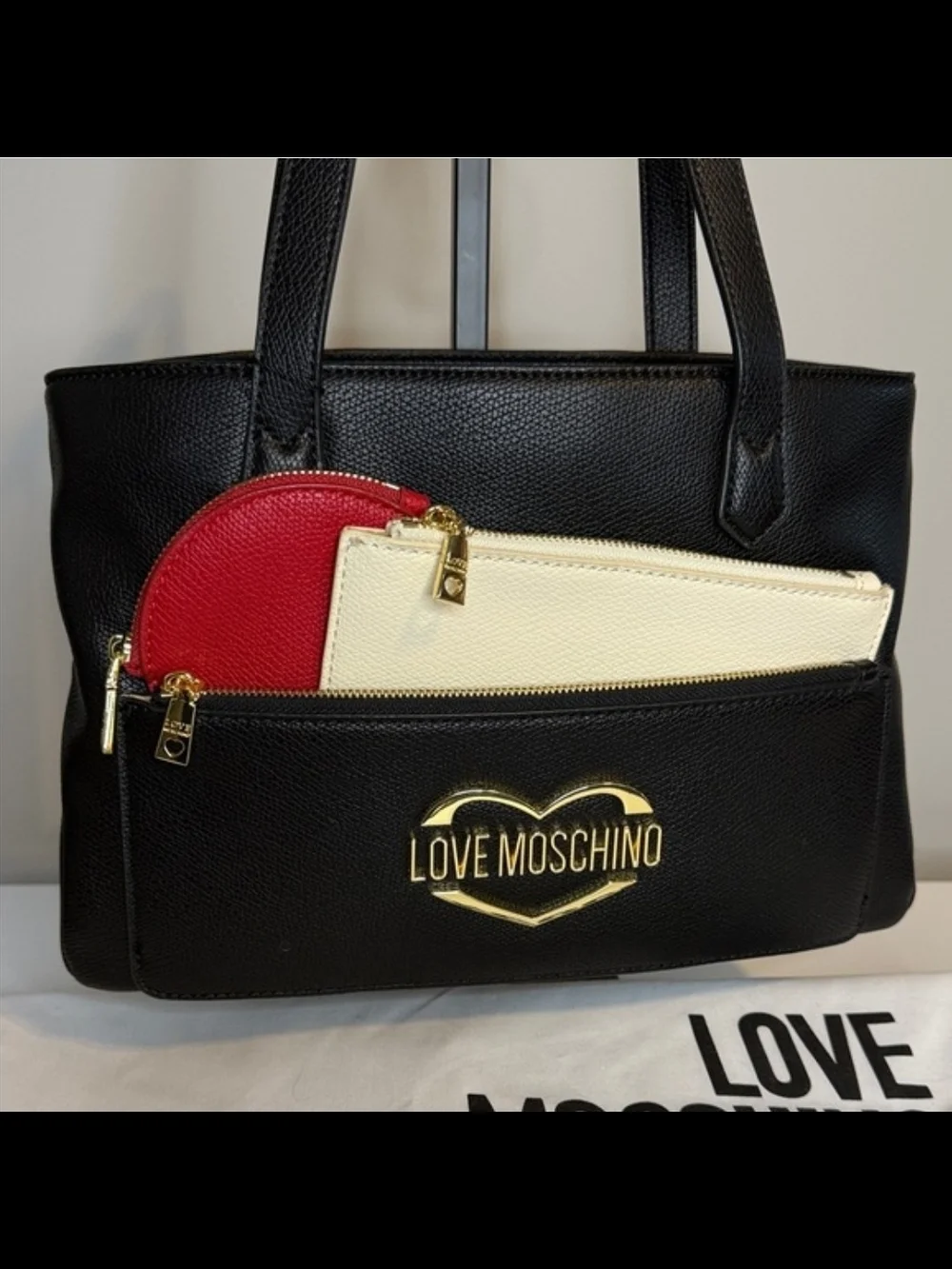 Love Moschino Black Tote with Cream & Red Pouches Includes Dust BAG - Picture 3 of 11